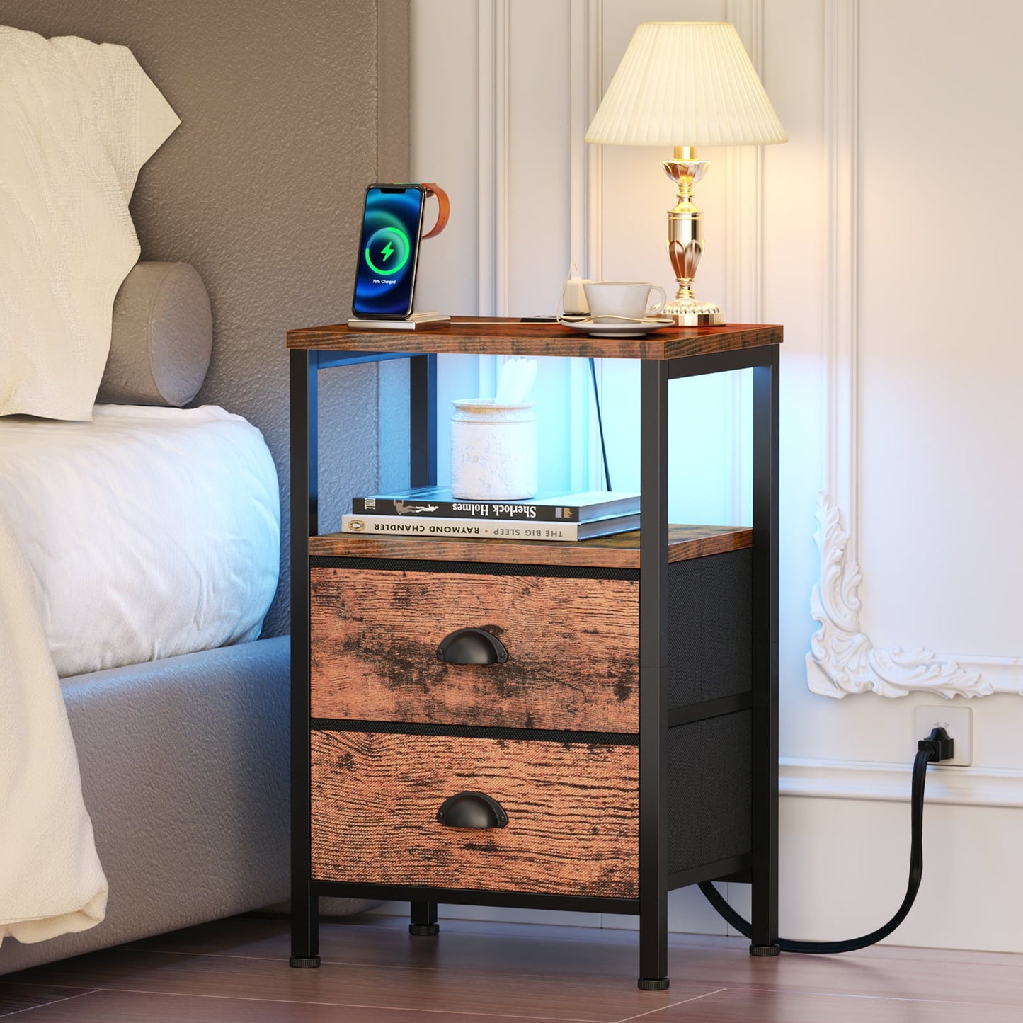 Satifur Bedside Table with Charging Station,LED Nightstand with 2 Fabric Drawers,Rustic Brown