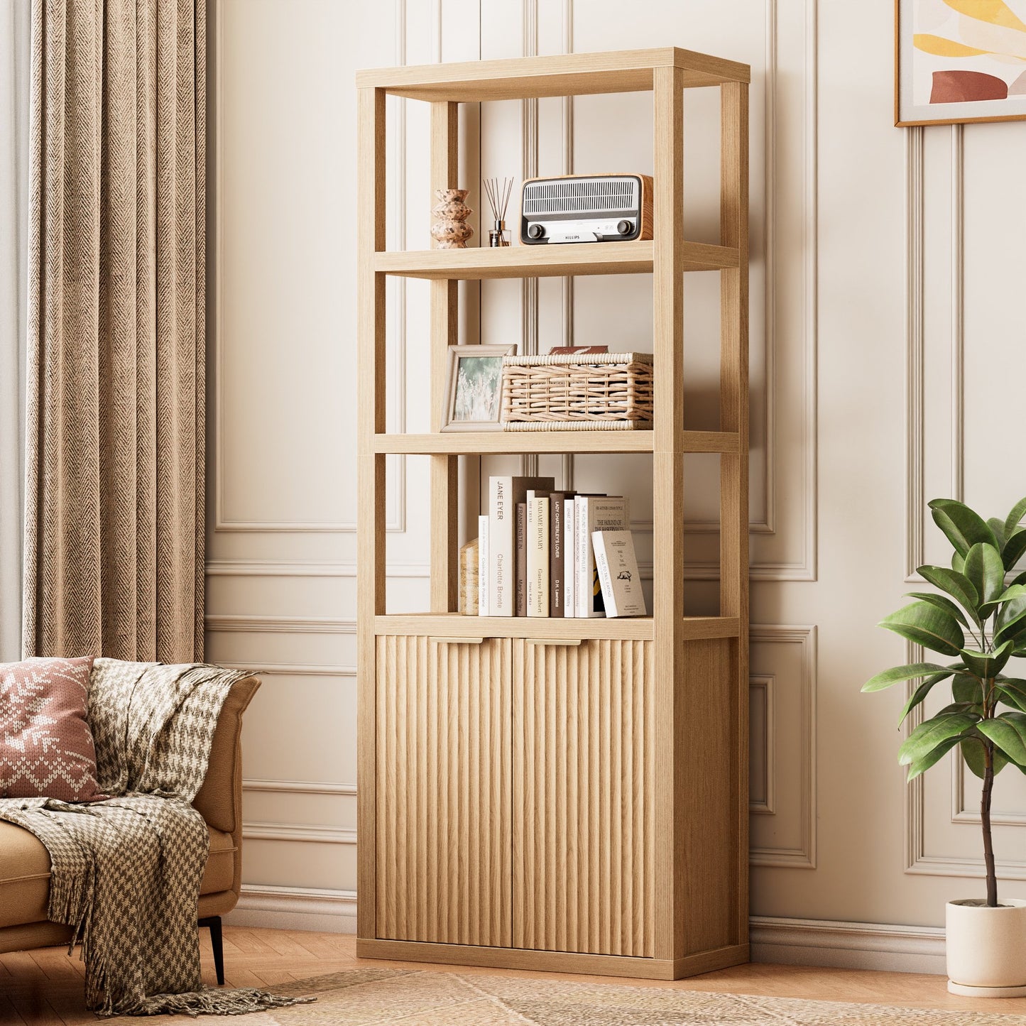 Satifur Bookshelf and Bookcase with Door, Floor Standing 5-Tier Shelf Display Storage Shelves, Tall Bookcases for Home Office, Living Room