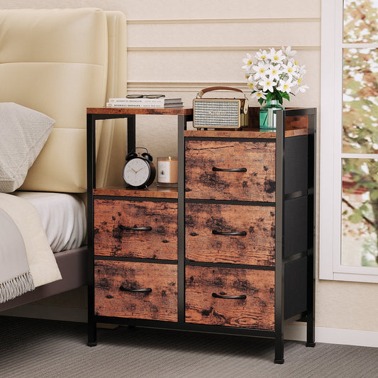Satifur Chest of Drawers for Bedroom, 3 Tier Wide Dresser with 5 Fabric Drawers, Rustic Brown