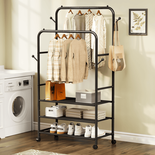Satifur Clothes Rack with 3 Tiers Storage Shelves, Clothing and Shoes Racks, Garment Rack with Wheels, Multi-functional Double Rod Hanging Rack, Black