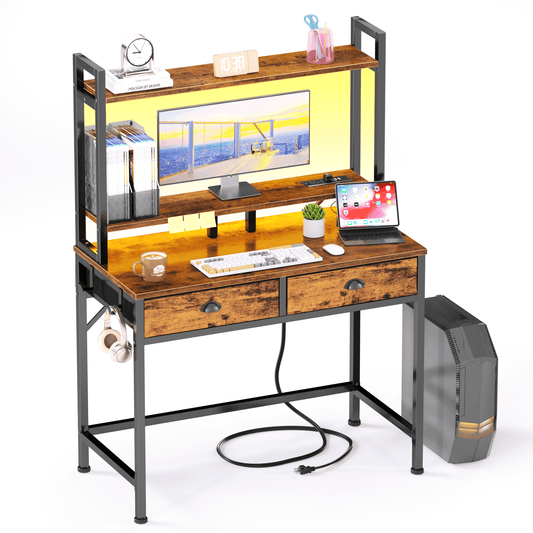 Satifur Computer Desk with Charging Station & LED Lights, Gaming Desk with Drawers & Shelves, Rustic Brown