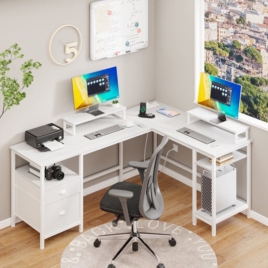 Satifur Computer Desk L-Shaped, Corner Desk with Power Outlet, Reversible Gaming Desk, White