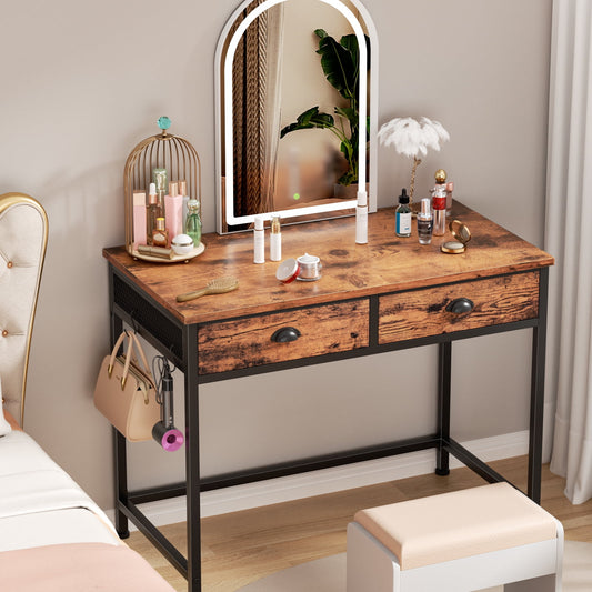Satifur Vanity Desk Without Mirror, Makeup Vanity with Drawers & Hooks for Bedroom, Simple Home Office Computer Desk for Small Spaces, Rustic Brown