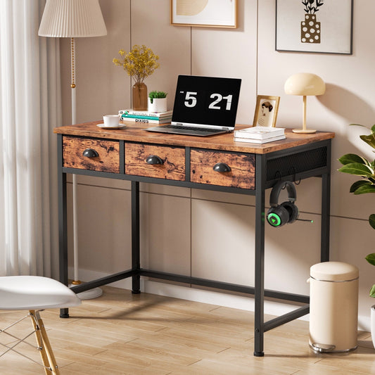 Satifur Computer Desk with Drawers & Hooks, Writing Desk with 3 Fabric Drawers for Bedroom, Home Office, Rustic Brown