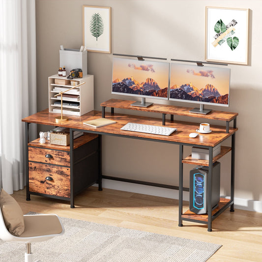 Satifur Computer Desk with Drawers & Monitor Stand, Office Desk for Dual Monitors, Adjustable Shelves, Rustic Brown