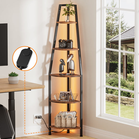 Satifur Corner Shelf Space Saving Freestanding Bookcase with LED Light Strip, Corner Bookshelg for Living Room Bedroom, Rustic Brown