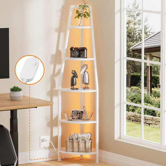 Satifur Corner Shelf Space Saving Freestanding Bookcase with LED Light Strip, Corner Bookshelf for Living Room Bedroom, White