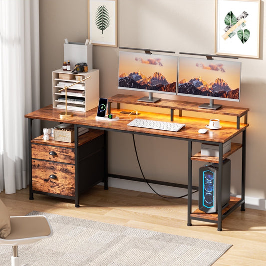 Satifur Desk with Power Outlet,Gaming Desk with LED Lights Fabric File Cabinet Gaming Desk with Outlets, Dual Monitor Stand, Adjustable Shelves, 61in, Rustic Brown