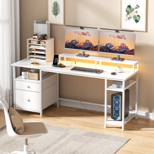 Satifur Desk with Power Outlet,Gaming Desk with LED Lights Fabric File Cabinet Gaming Desk with Outlets, Dual Monitor Stand, Adjustable Shelves, White