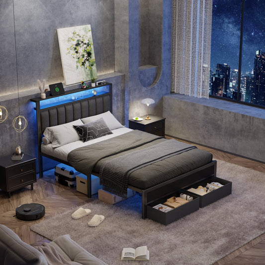 Satifur Farmhouse Full Bed Frame with 2 Drawers, Metal Platform Bed with Charging Station & Storage Headboard, Space Saving