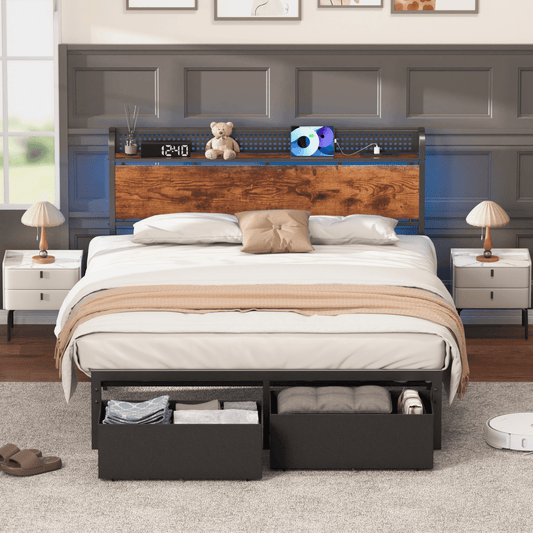 Satifur Farmhouse Queen Bed Frame with 2 Storage Drawers and Headboard, No Box Spring Needed