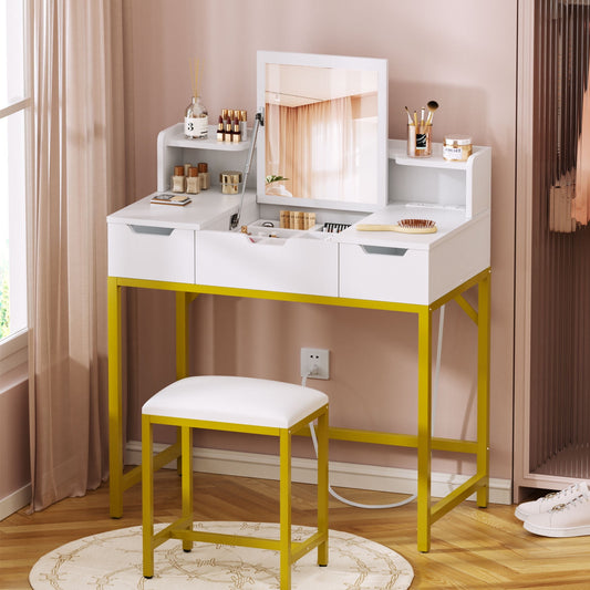 Satifur Flip-top Vanity Set, Women Dressing Table with Outlets, Makeup Vanity Desk with Mirror, Drawers & Stool