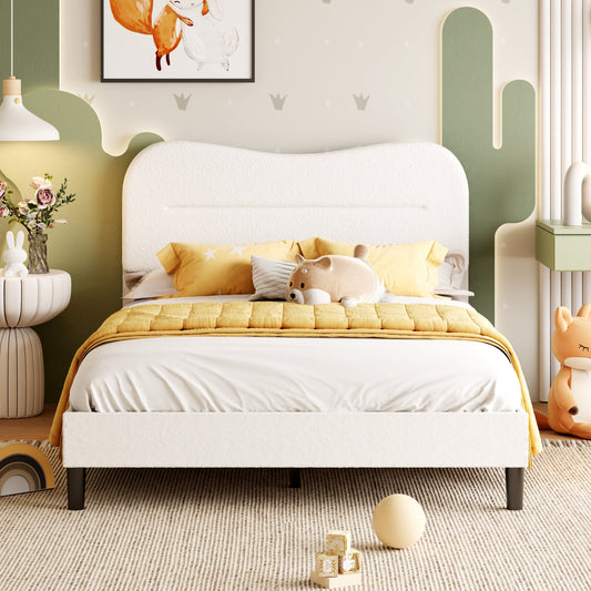 Satifur Full Bed Frame with Teddy Velvet Soft Curved Headboard, Platform Bed with Wooden Slats Support, Easy Assembly, Noise-Free, White