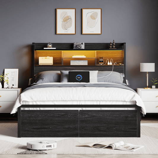 Satifur Full Bed Frame with Upholstered Headboard, Platform Bed Full with LED Lights & 2 Drawers, No Box Spring Needed