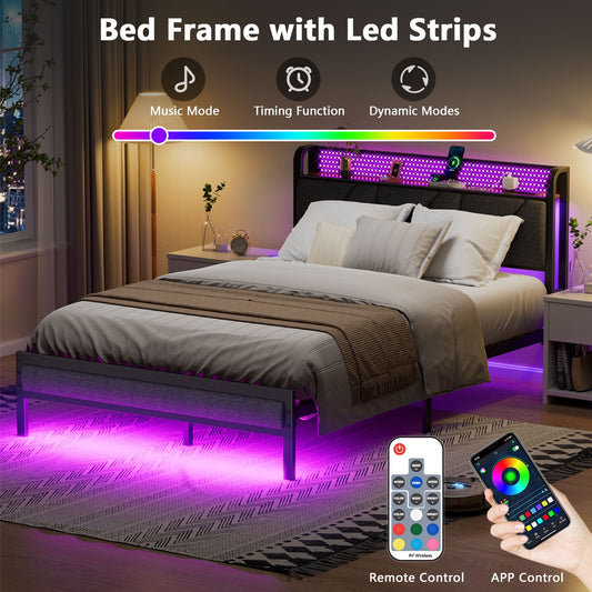 Satifur Full Bed Frame with Upholstered Storage Headboard, Metal Platform Bed Station with Charging Station & LED, Noise-Free. No Box Spring Needed