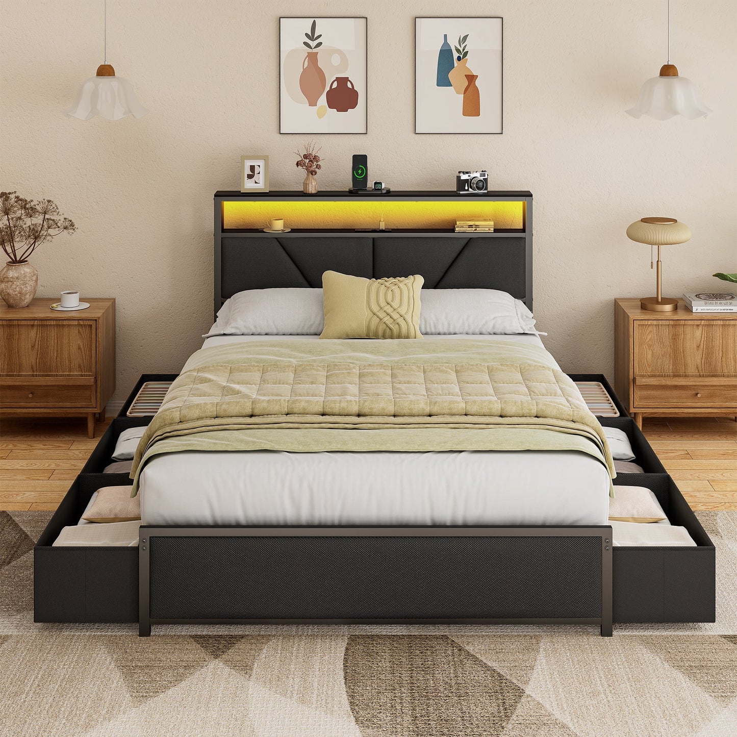 Satifur Full Size Bed Frame with 2-Tier Bookcase Headboard Platform Bed with Charging Station & LED, 6 Storage Drawers, Metal Support, No Box Spring Needed, Noise Free,Black