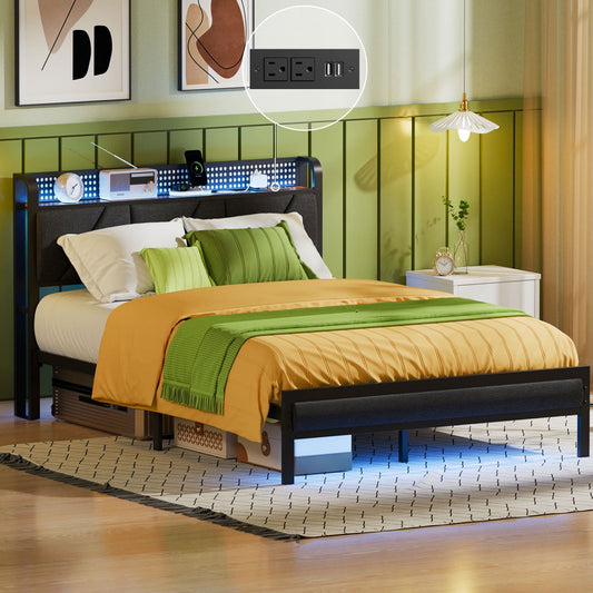 Satifur Full Size Bed Frame with Charging Station, Storage Headboard & LED Lights, Heavy Duty Metal Bed Frame, Easy Assembly