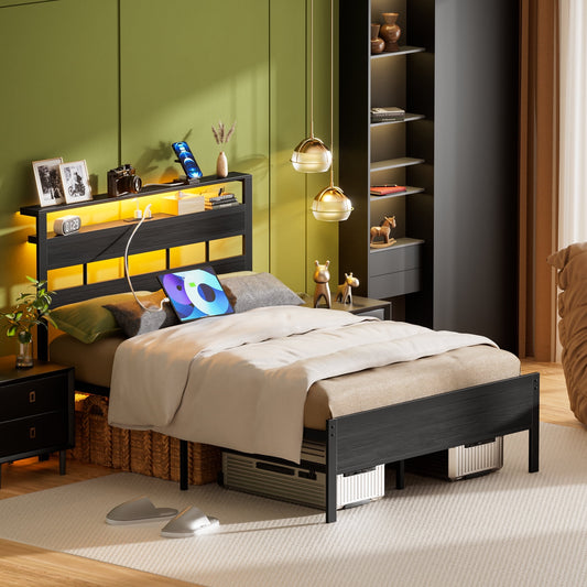 Satifur Full Size Bed Frame with Upholstered Storage Headboard and LED Light, Platform Bed with Metal Slats, Noise Free Design