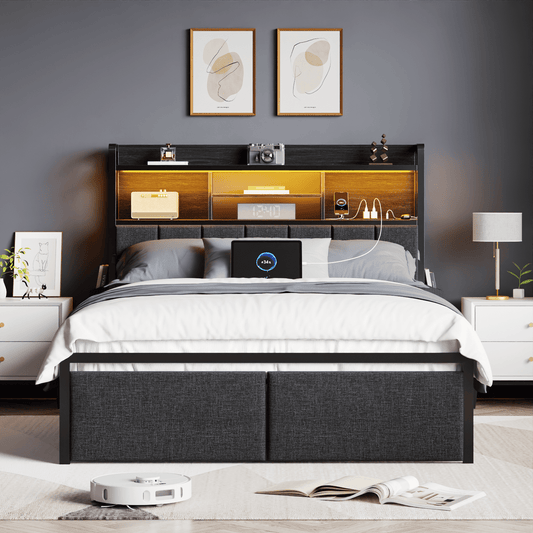 Satifur Full Size Metal Platform Bed Frame with Storage Headboard, Sturdy Full Bed for Adults, No Box Spring Needed