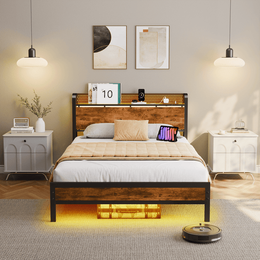 Satifur Full Size Platform Bed Frame with USB Charging Station, Storage Headboard & LED Lights, Metal Bed Frame, Vintage Brown