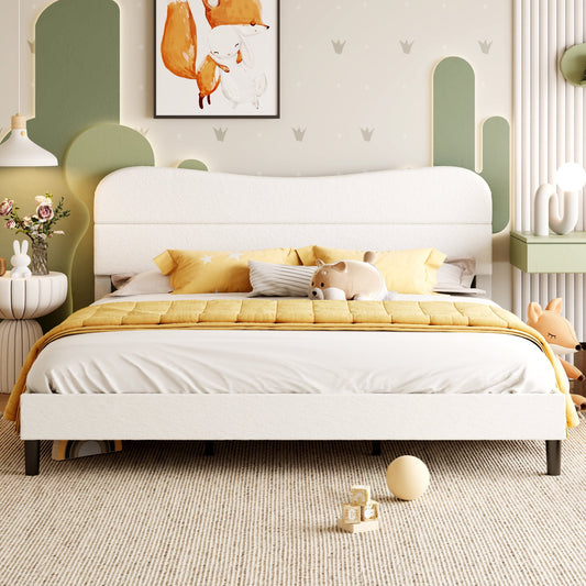Satifur King Bed Frame with Teddy Velvet Soft Curved Headboard, Platform Bed with Wooden Slats Support, Easy Assembly, Noise-Free, White