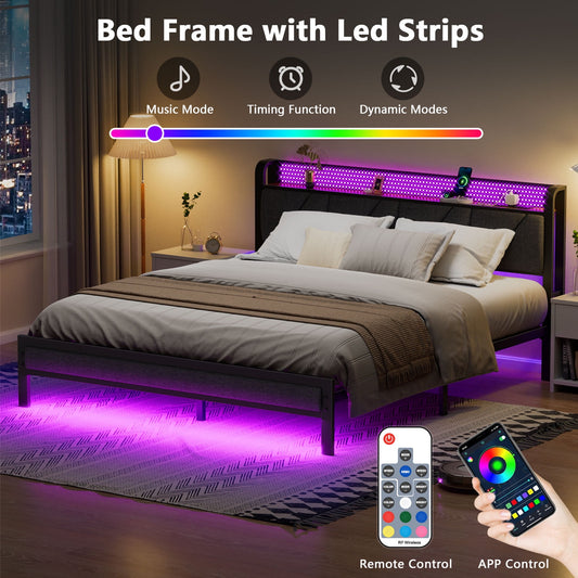 Satifur King Bed Frame with Upholstered Storage Headboard, Metal Platform Bed Station with Charging Station & LED, Noise-Free.No Box Spring Needed