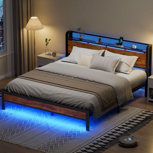 Satifur LED Bed Frame King Size with 2 USB Ports and Outlets, Platform Metal Bed Frame, No Box Spring Needed, Noise-Free