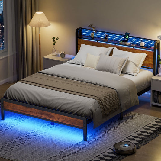 Satifur LED Bed Frame Queen Size with 2 USB Ports and Outlets, Platform Metal Bed Frame, No Box Spring Needed, Noise-Free