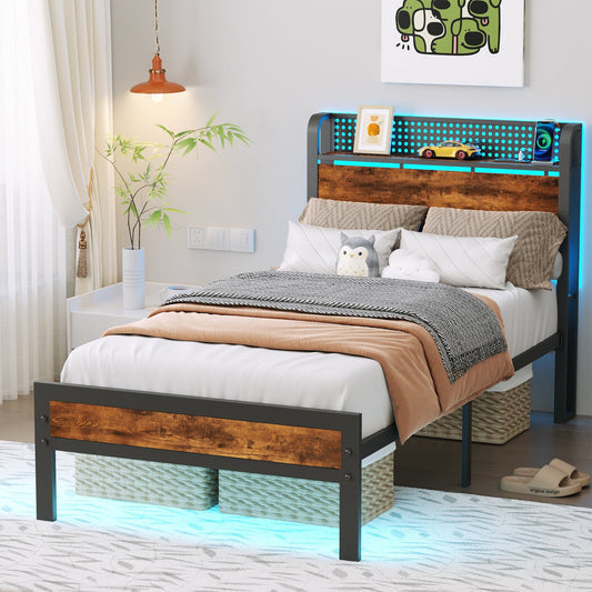 Satifur LED Bed Frame Twin Size with 2 USB Ports and Outlets, Platform Metal Bed Frame, No Box Spring Needed, Noise-Free