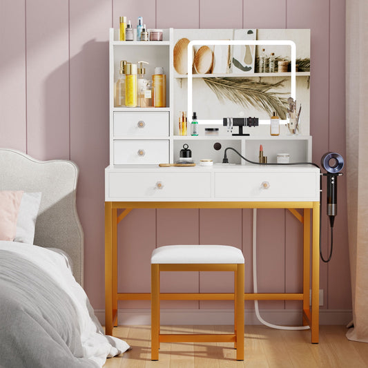 Satifur Lighted Makeup Vanity Set, Women Dressing Table with Outlets, Vanity Desk with Drawers & Stool