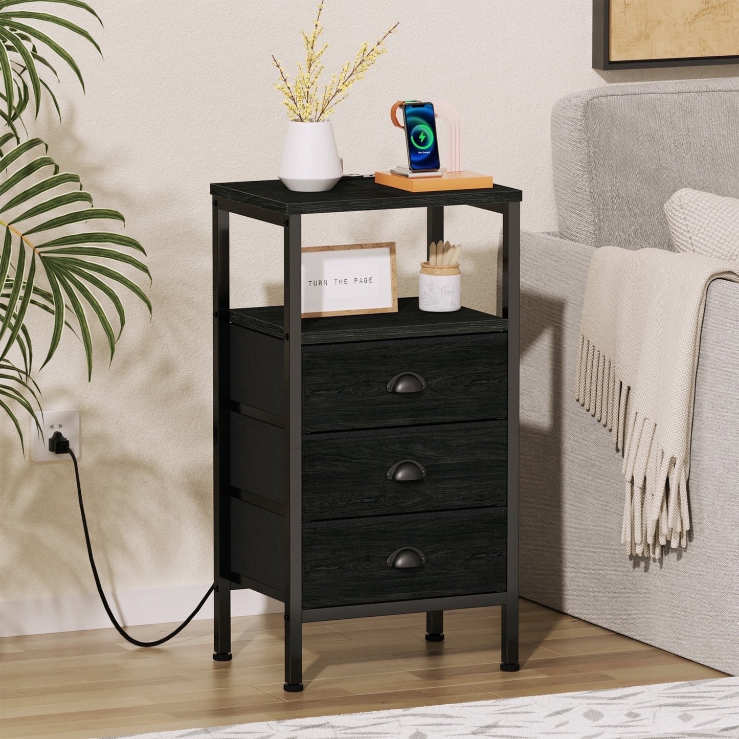 Satifur Nightstand with Charging Station Bedside Table with Fabric Storage Drawers, Black Oak