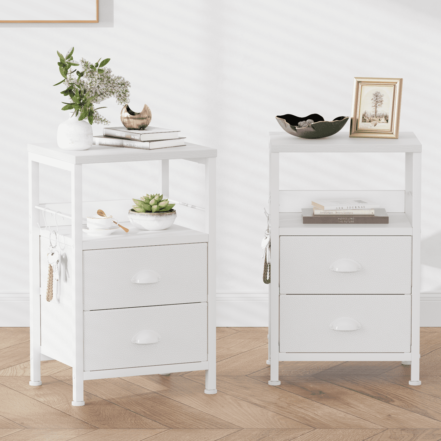 Satifur Nightstand with Drawers & Shelf,Set of 2 Bedside End Table for Bedroom,White