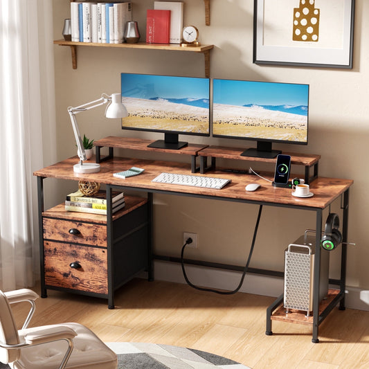 Satifur Office Desk with Drawers and Charging Station, Gaming Desk with Movable Monitor Stands, Corner Desk with Storage Shelves and File Cabinet, Rustic Brown