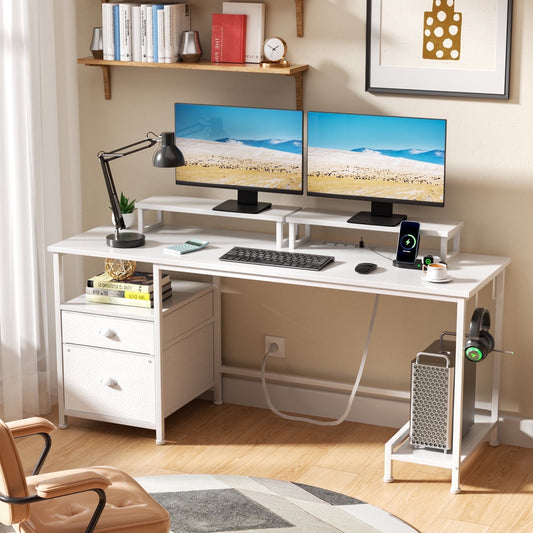 Satifur Office Desk with Drawers and Charging Station, Gaming Desk with Movable Monitor Stands, Corner Desk with Storage Shelves and File Cabinet, White