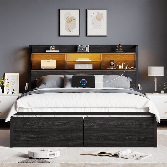 Satifur Queen Bed Frame with 2 Drawers & Headboard Storage Shelf, Noise Free, Black