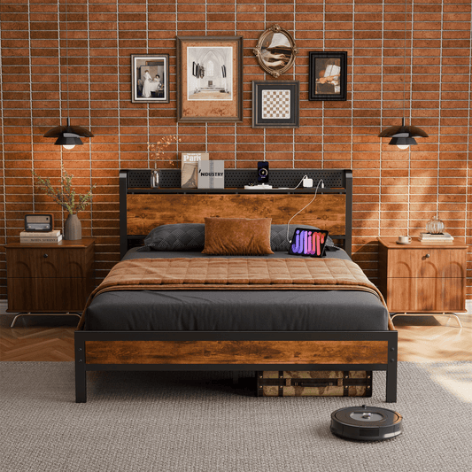 Satifur Queen Bed Frame with Headboard & Footboard, LED Storage Shelf, Rustic Vintage Wood, No Box Spring Needed