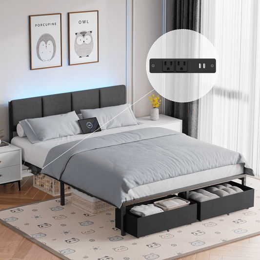 Satifur Queen Bed Frame with LED Charging Station & 2 Drawers, Sturdy Metal Legs, Noise Free, Black