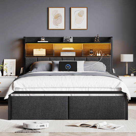 Satifur Queen Bed Frame with LED Headboard Storage Shelf & 2 Drawers, Metal Platform, Noise Free, Black