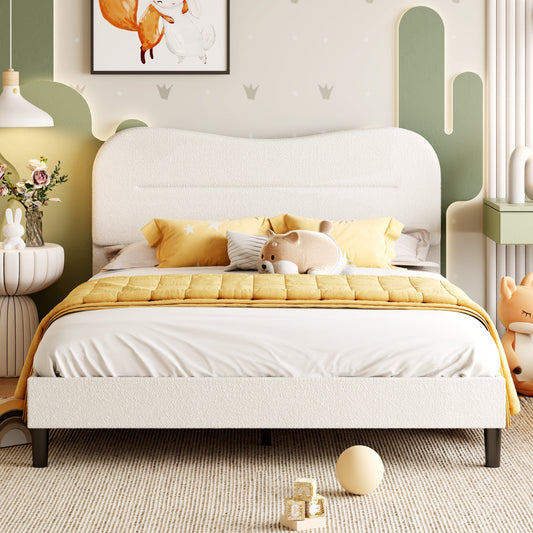 Satifur Queen Bed Frame with Teddy Velvet Soft Curved Headboard, Platform Bed with Wooden Slats Support, Easy Assembly, Noise-Free, White