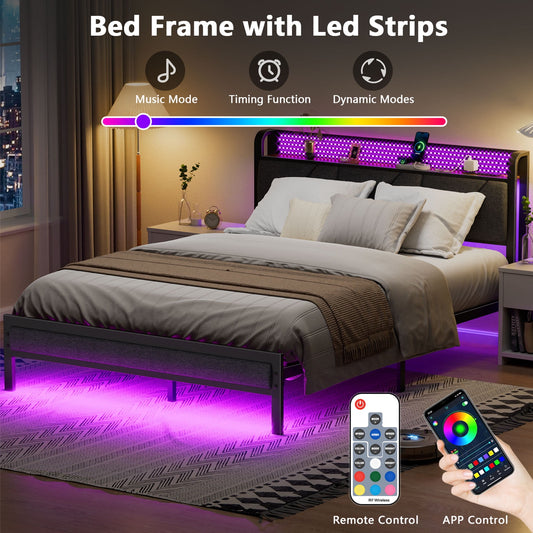 Satifur Queen Bed Frame with Upholstered Storage Headboard, Metal Platform Bed Station with Charging Station & LED, Noise-Free.No Box Spring Needed