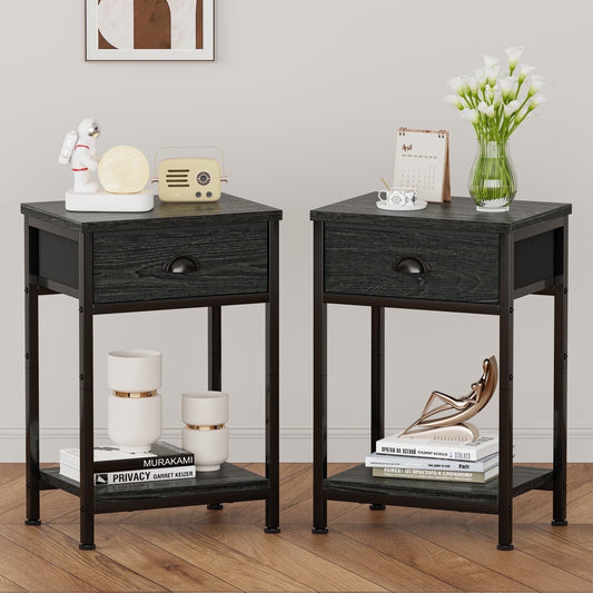 Satifur Set of 2 Nightstand for Bedroom,3-Tier End Table with Drawer,Black Oak Finish