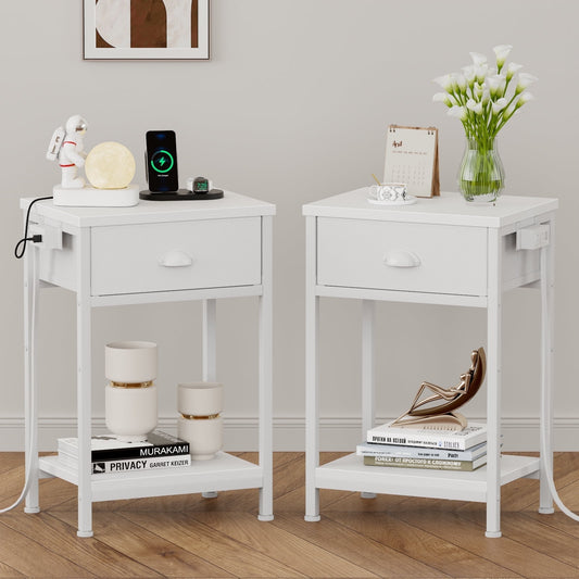 Satifur Set of 2 Nightstand with Charging Station for Bedroom,Side End Table with Outlets & USB Ports,White
