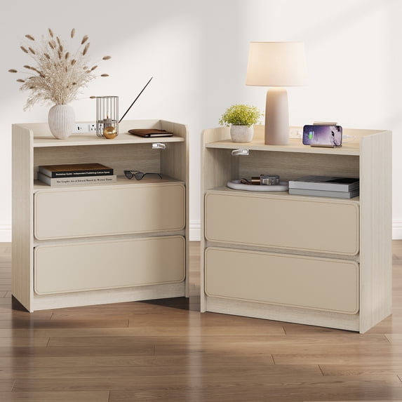 Satifur Set of 2 Saddle Leather Nightstand, Wooden Bedside Table with Charging Port & Storage Drawers