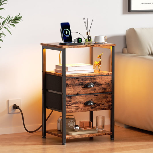 Satifur Side Table with Light, Charging Station, Rustic Brown Nighstand for Bedroom, Living Room