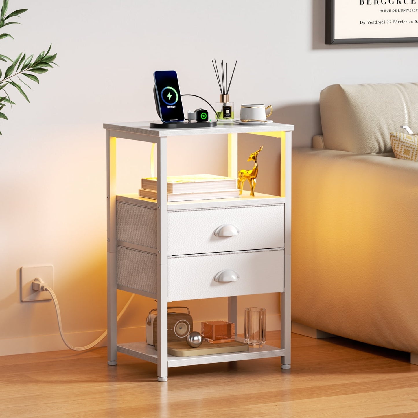 Satifur Side Table with Light, Charging Station, White Nighstand for Bedroom, Living Room