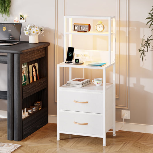 Satifur Tall LED Nightstand,Bedside Table with Charging Station,2 Fabric Drawers & Shelfs for Bedroom Living Room,White