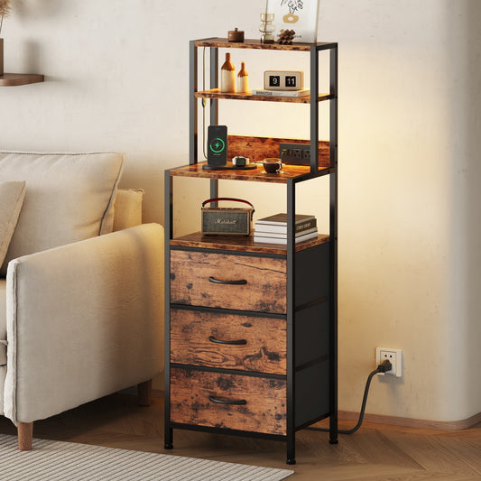 Satifur Tall Nightstand with Charging Station and LED Lights, Bedside Table with Bookshelf,3 Fabric Drawers, Rustic Brown