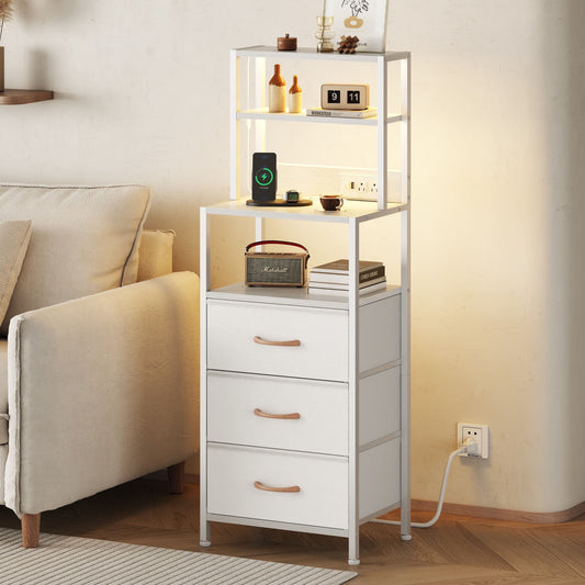 Satifur Tall Nightstand with Charging Station and LED Lights, Bedside Table with Bookshelf,3 Fabric Drawers, White