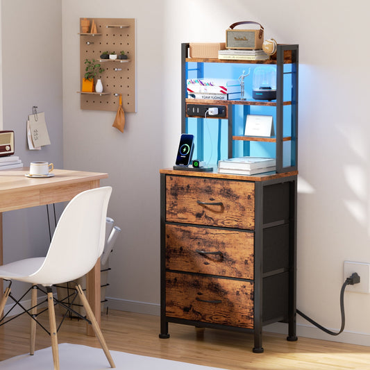 Satifur Tall Nightstand with Charging Station and LED Lights, Bedside Table with Drawers and Bookshelf, Rustic Brown