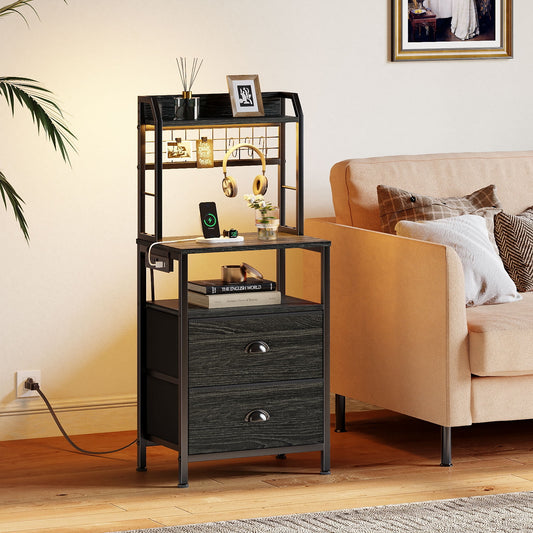 Satifur Tall Nightstand with Hutch, Charging Station, Pegboard & Drawers,Multifunctional Bedside Table with USB Ports, Black Oak